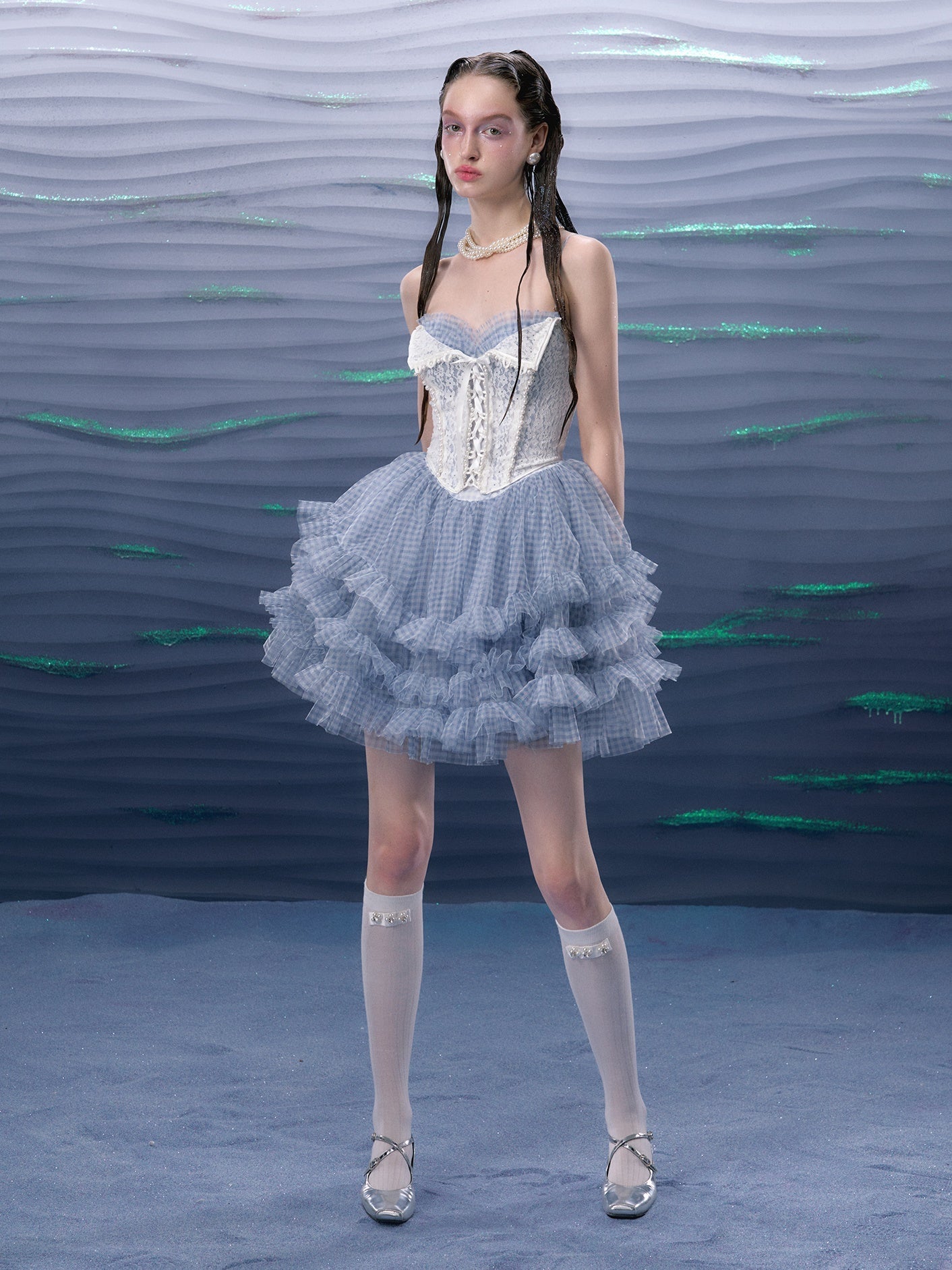 Plaid Mesh Tutu Suspender Dress ＆ Lace Pearl Corset