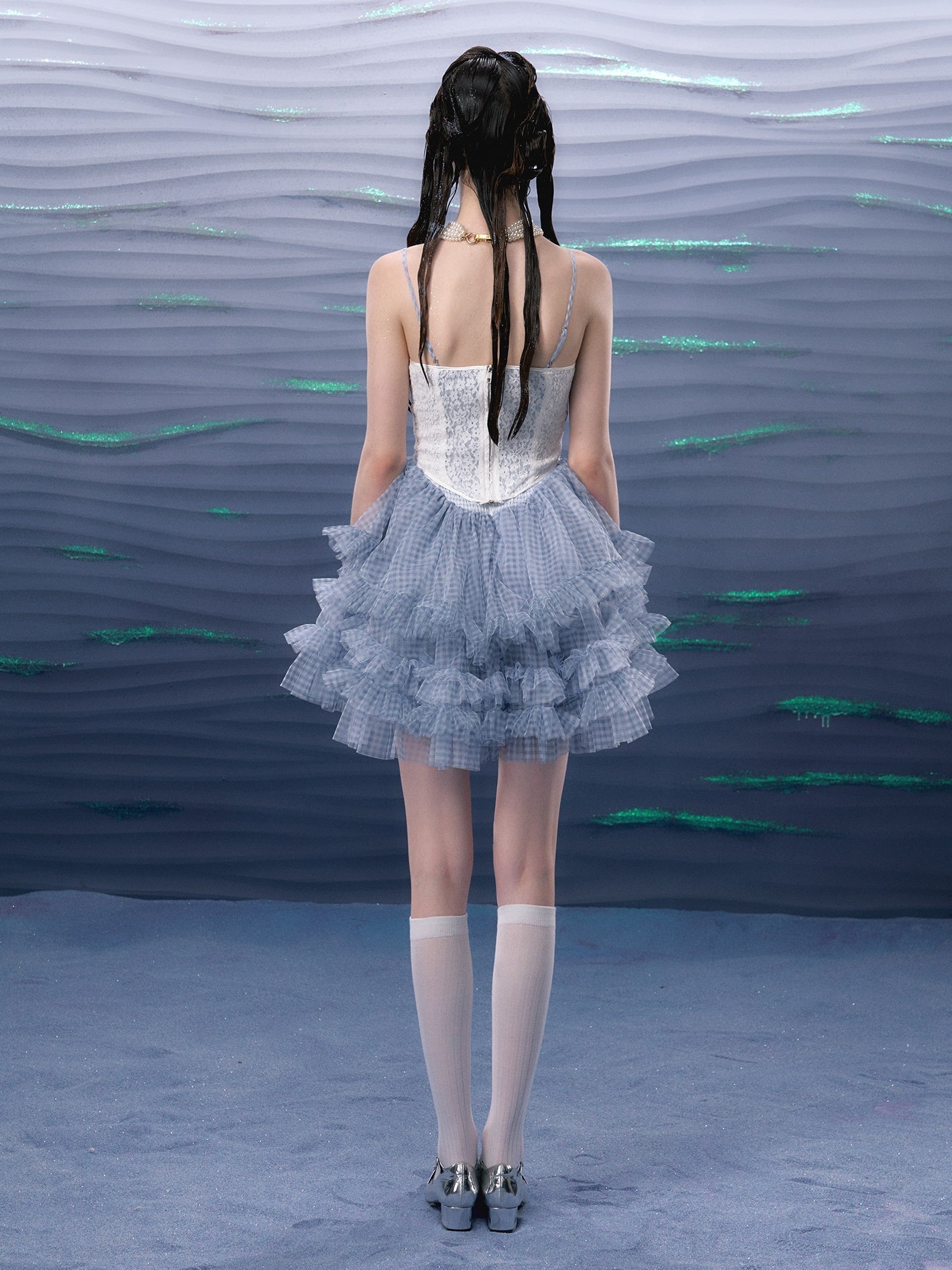 Plaid Mesh Tutu Suspender Dress ＆ Lace Pearl Corset