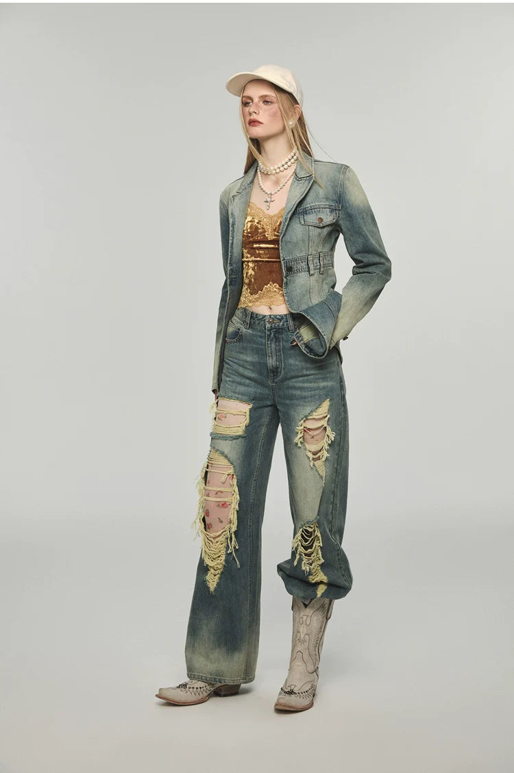 Denim Distressed Wide-Leg Pants