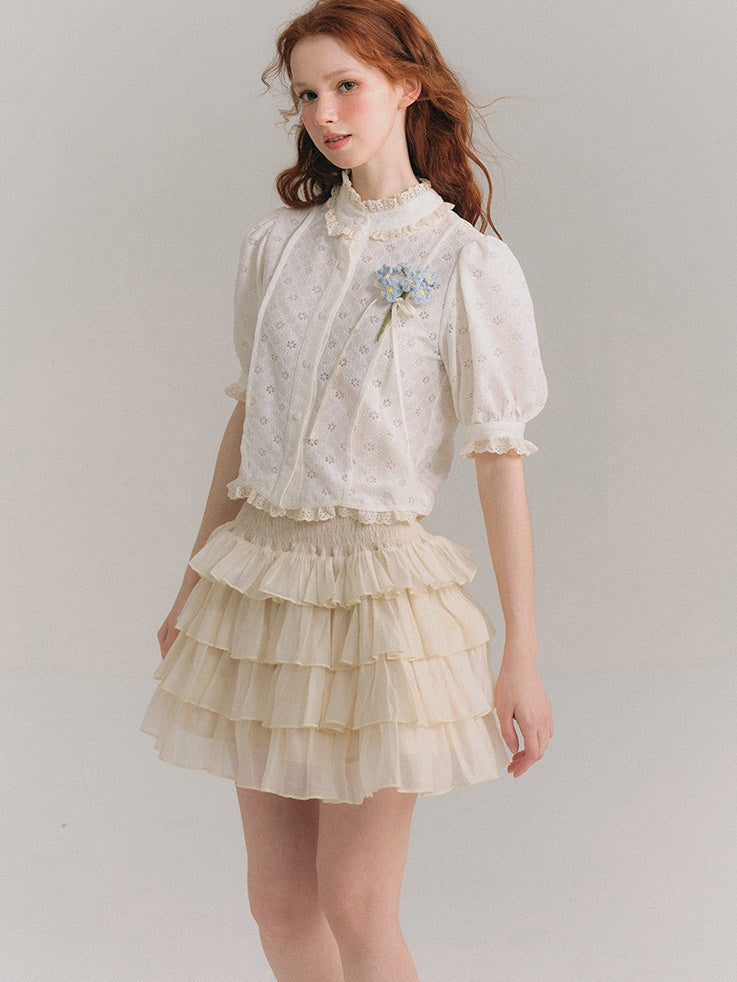 Shimmer Ruffle Collar Shirt & Cake Skirt