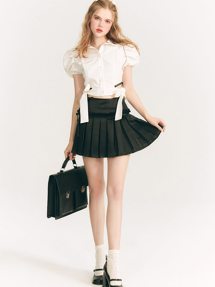 Ribbon Shiny Pleated Skirt