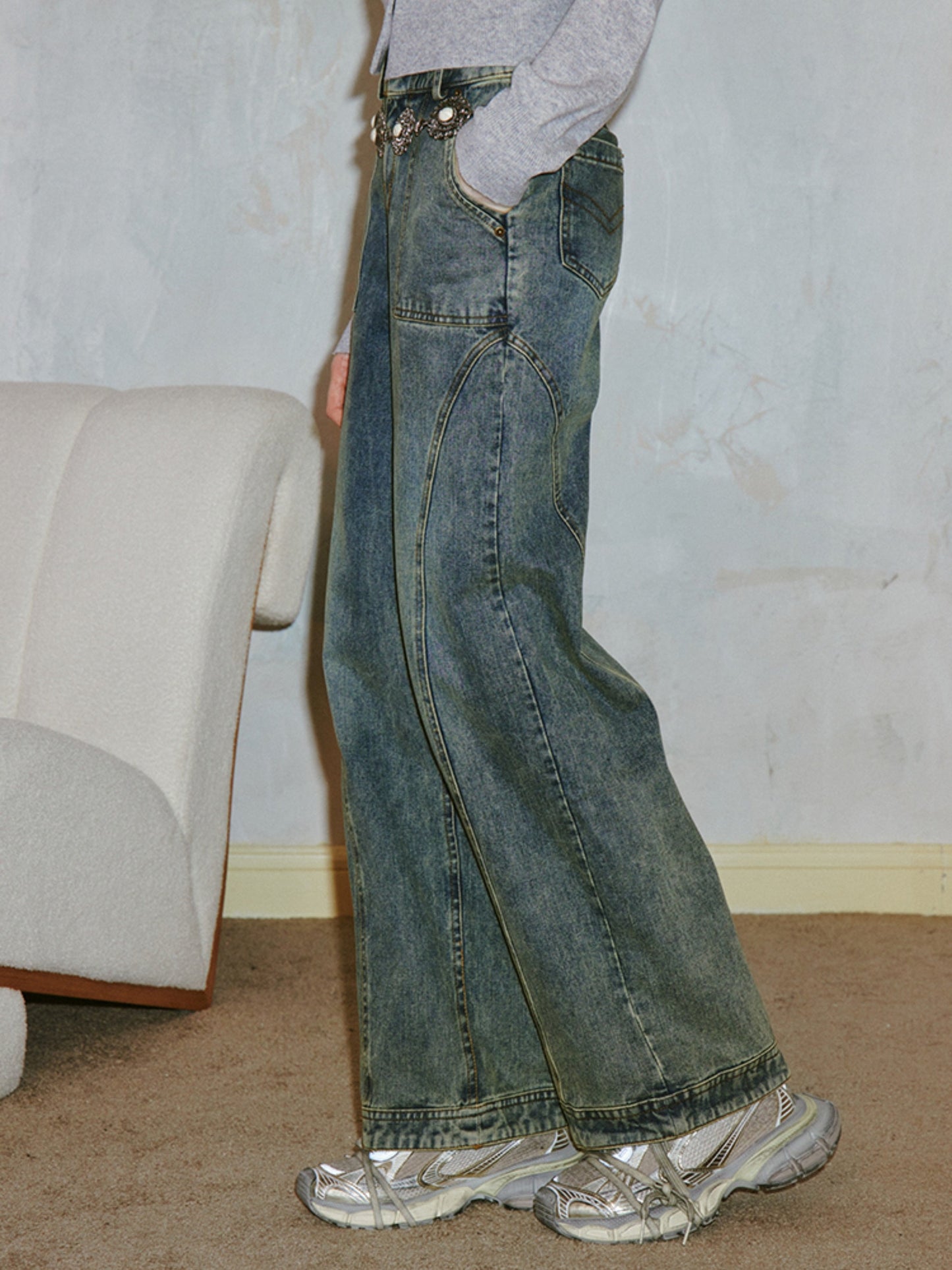 Retro Washed Design Straight Jeans