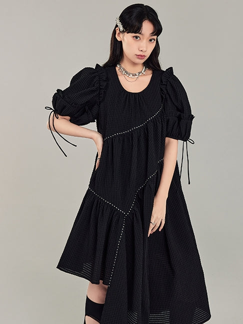 Puff Sleeve Irregular Black Dress