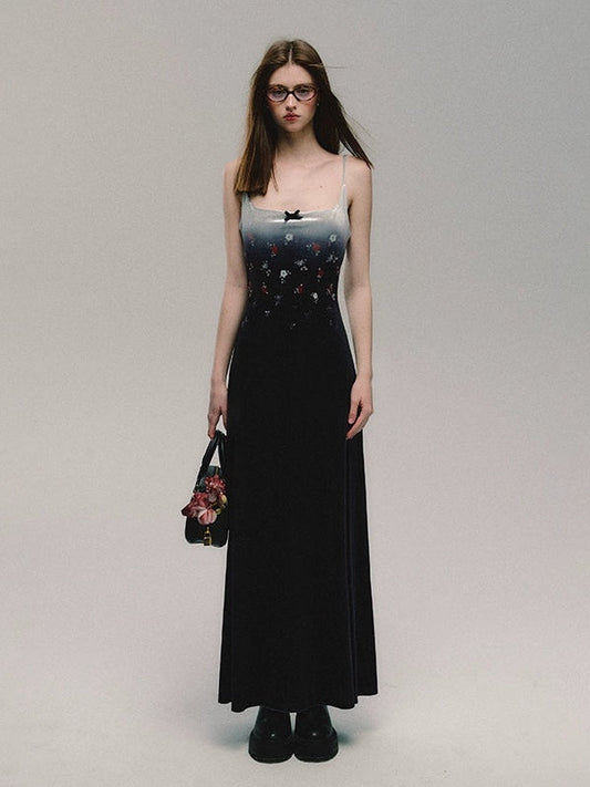 Velvet Print Slim-fitting Suspender Dress