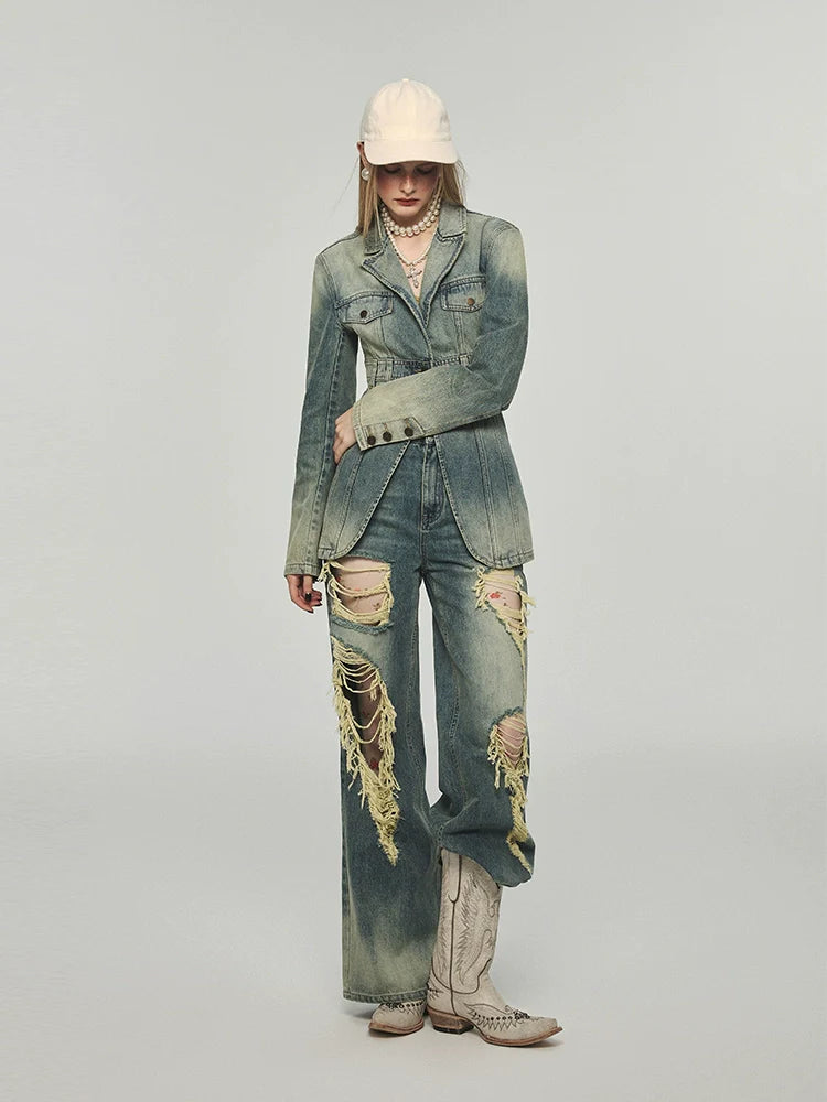 Denim Distressed Wide-Leg Pants