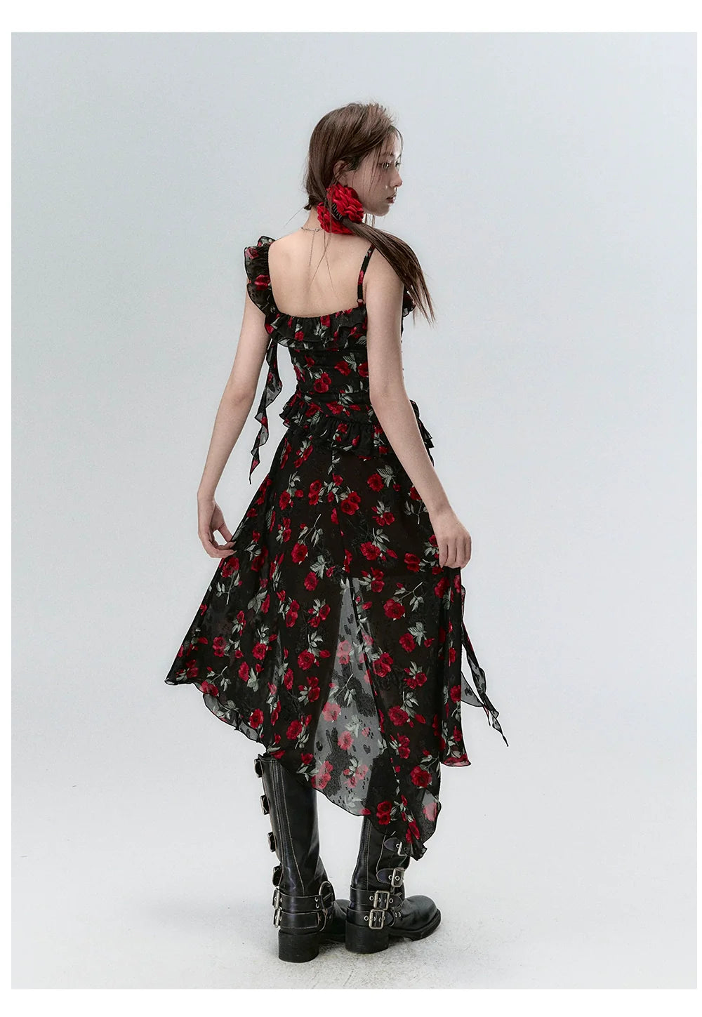 Detachable Square Neck Floral Midi Dress