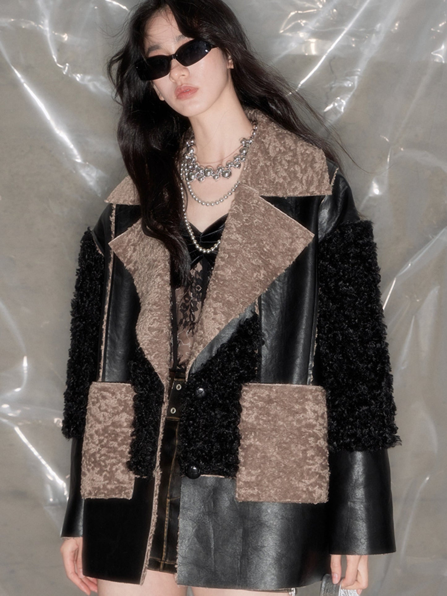 Stitching Fur PU Leather Jacket