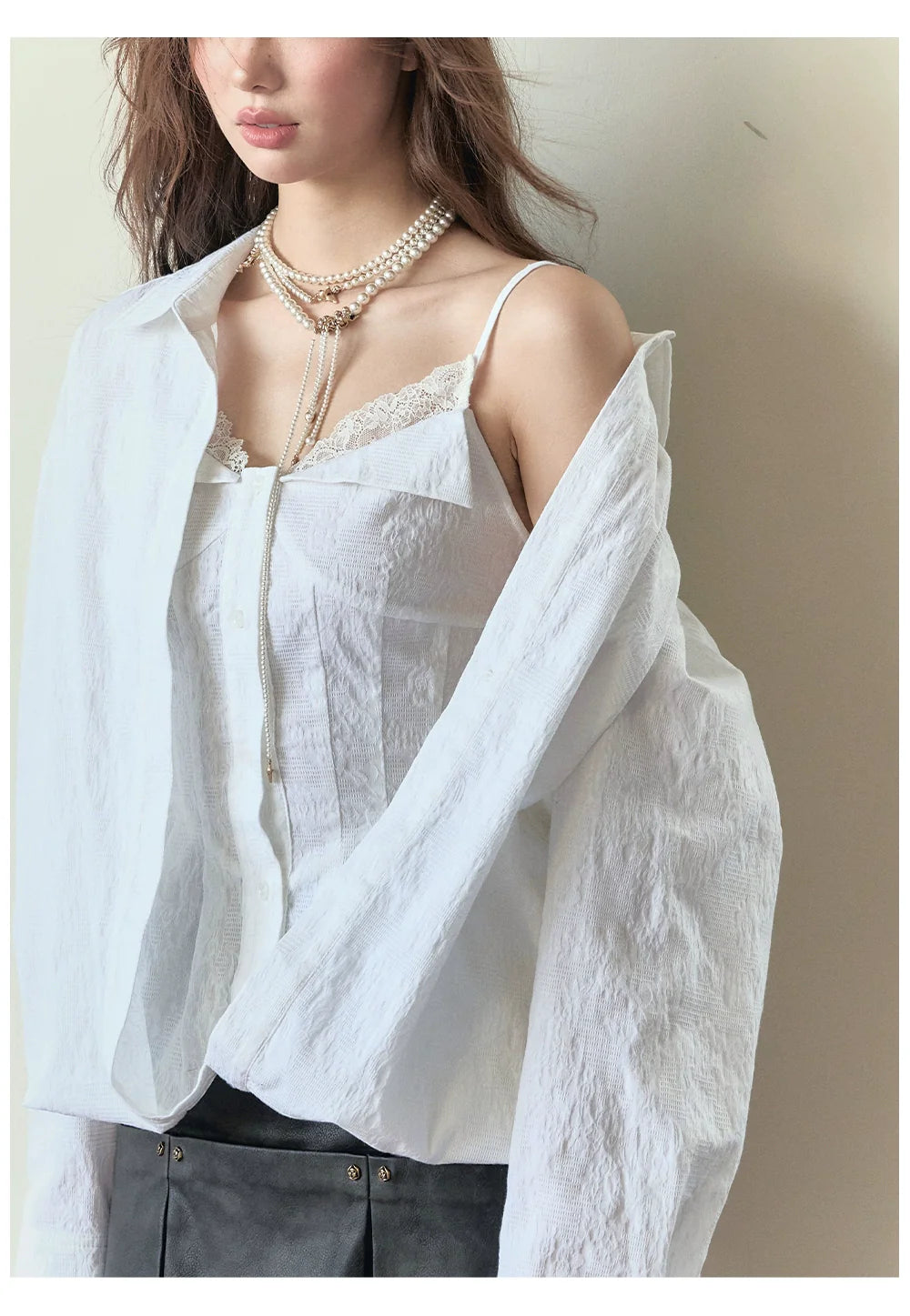 White Jacquard Faux Two-piece Shirt