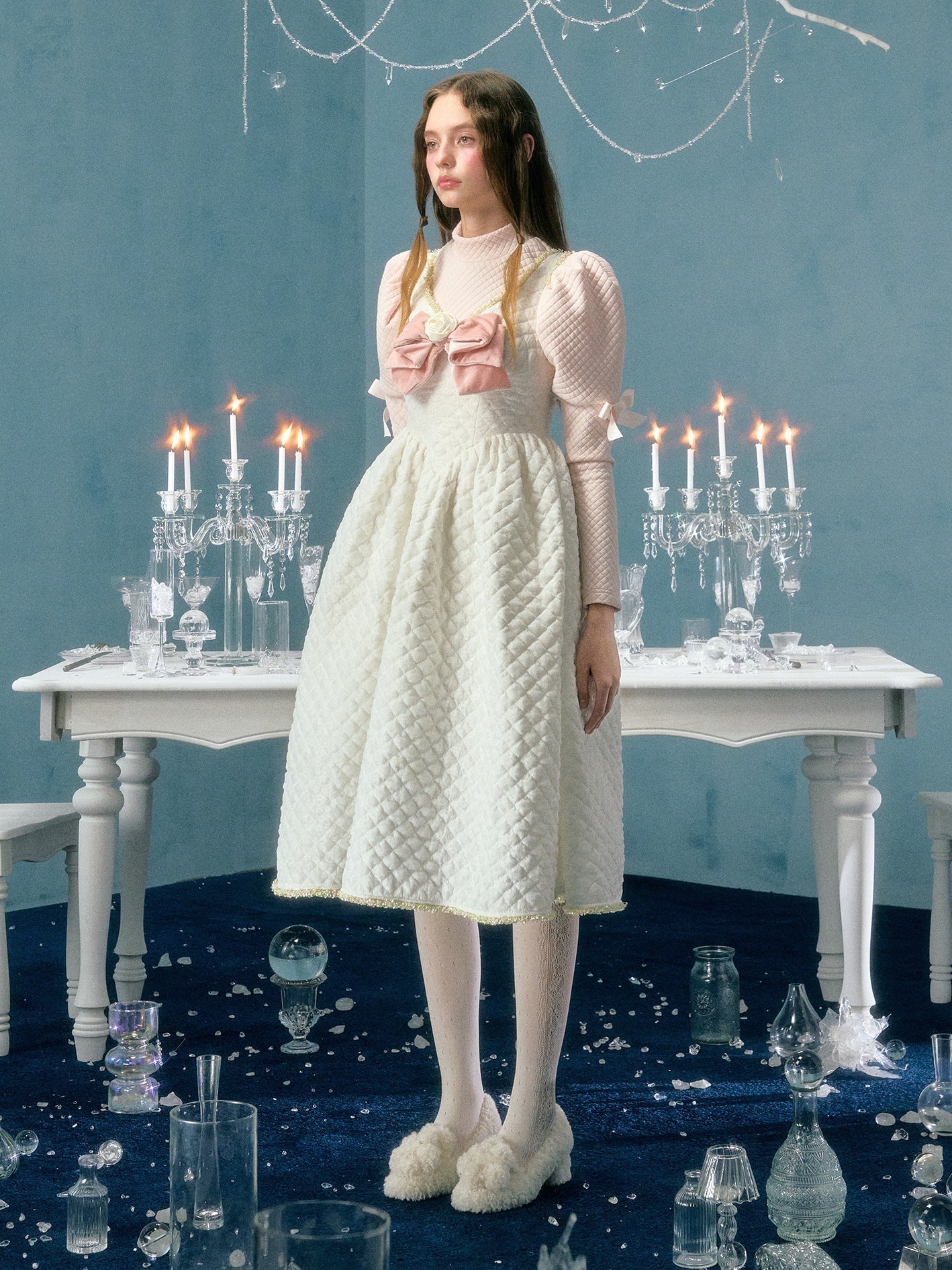 레이스 리본 플라워장식 패딩 서스펜더 드레스&amp;퍼프슬리브 탑