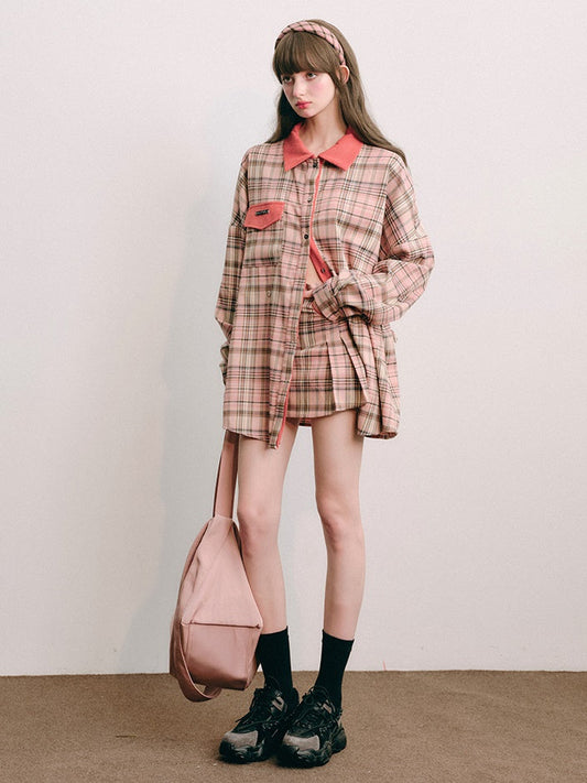 루즈한 체크무늬 셔츠 &amp; 플리츠 스커트