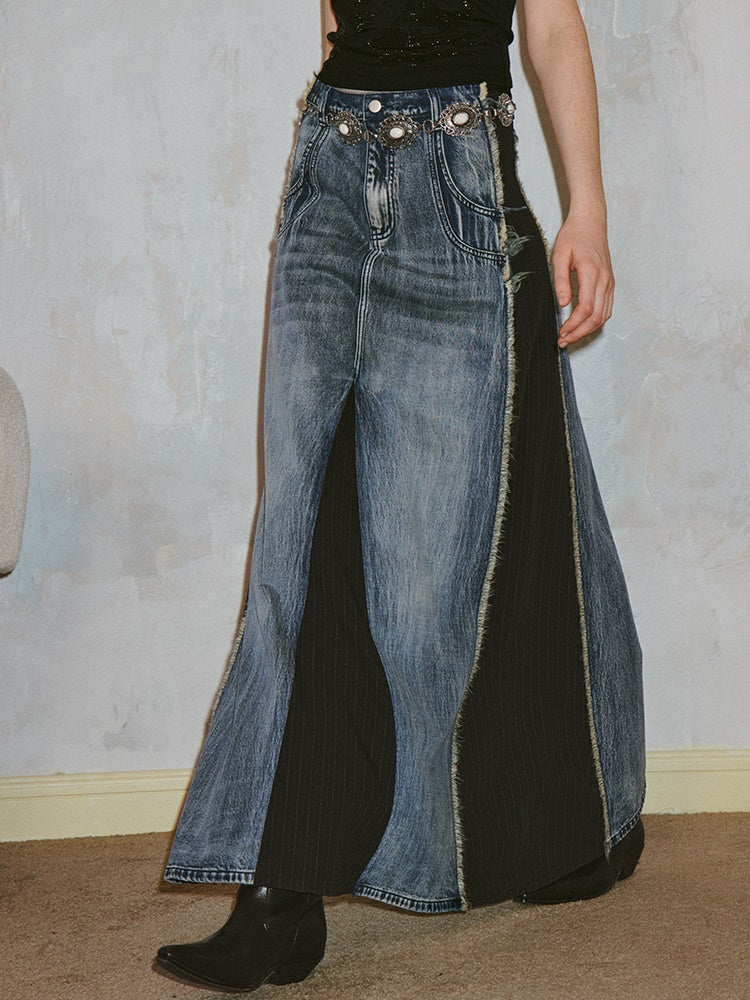 Retro Distressed Washed Raw Edge Denim Patchwork Skirt