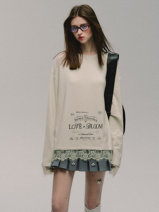 레터 프린트 레이스 바텀 셔츠 