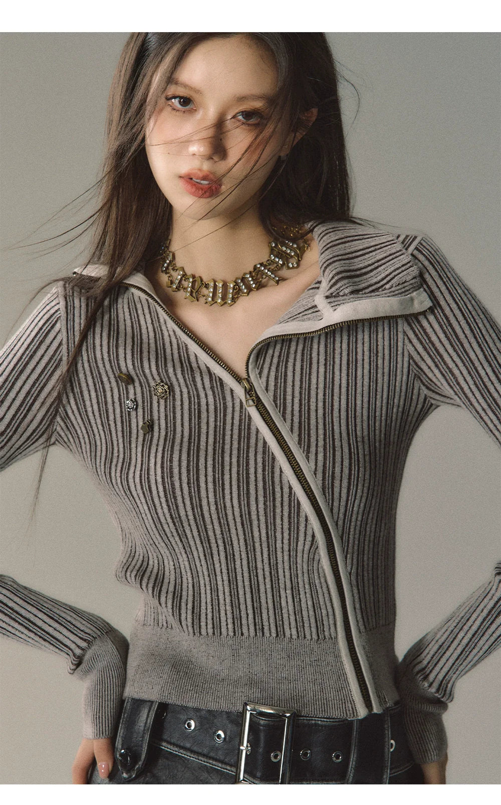 Mocha & Red Zipper Striped Turtleneck