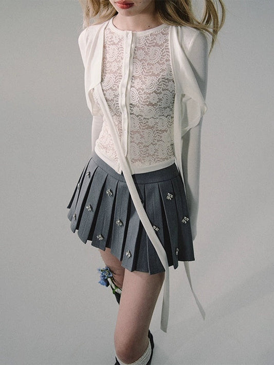 레이스 스플라이싱 페이크 투피스 가디건 