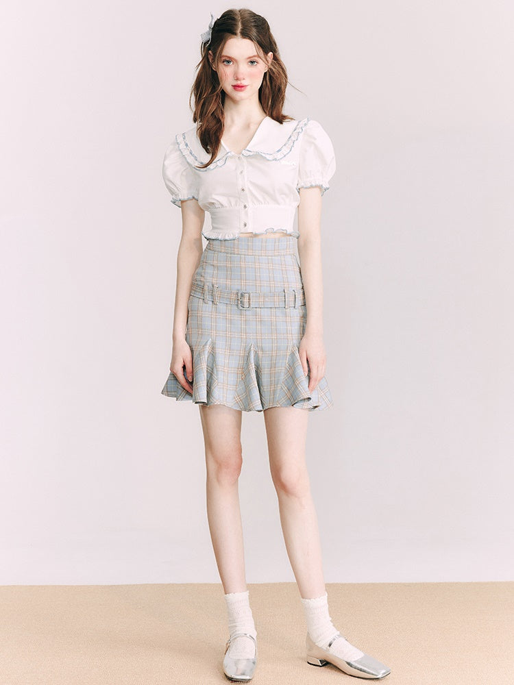 Short Puff Sleeves Doll Collar Shirt