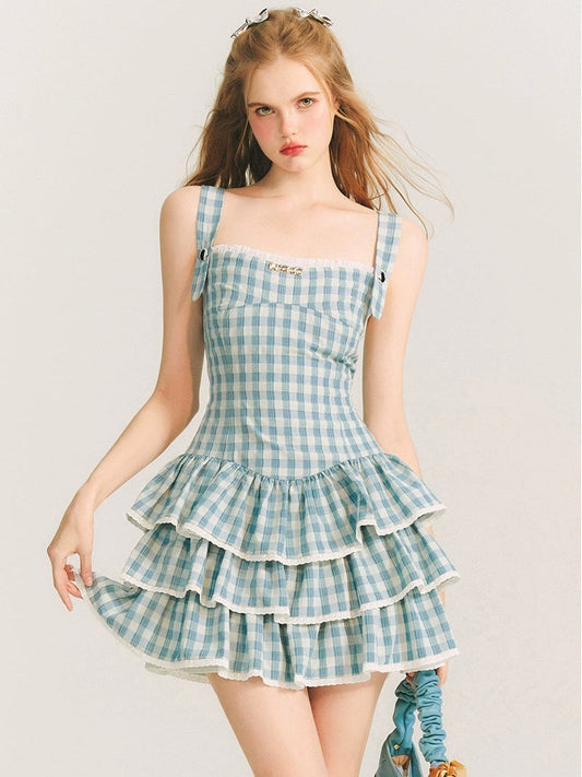 Plaid Strap Puff Skirt Dress