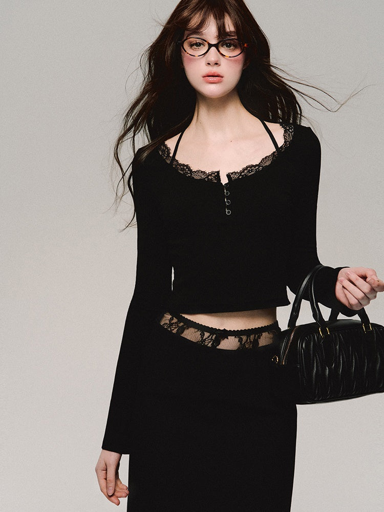 레이스 스티치 니트 바텀 셔츠 