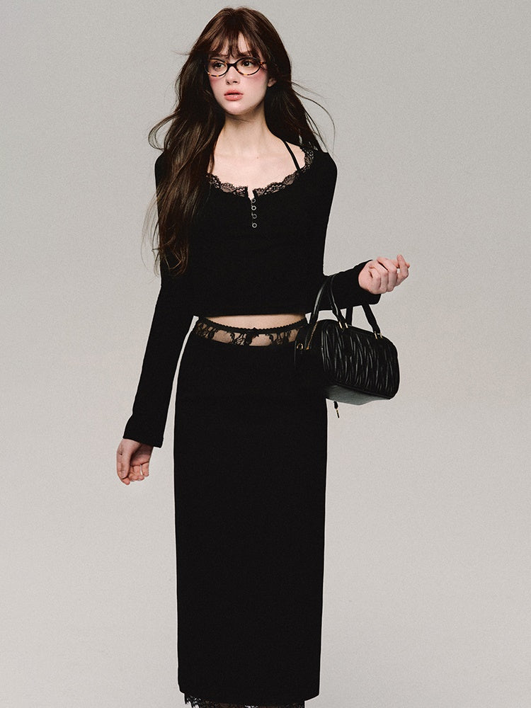 레이스 스티치 니트 바텀 셔츠 