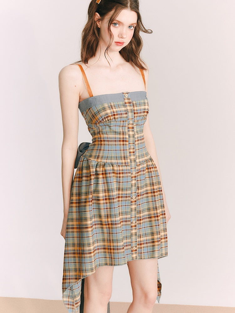 Sunflower Plaid Suspender Irregular Dress