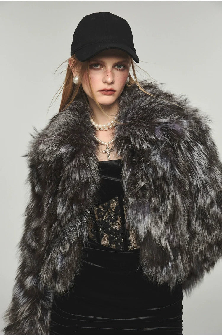 Turn-down Collar Silver Fox Fur Short Coat