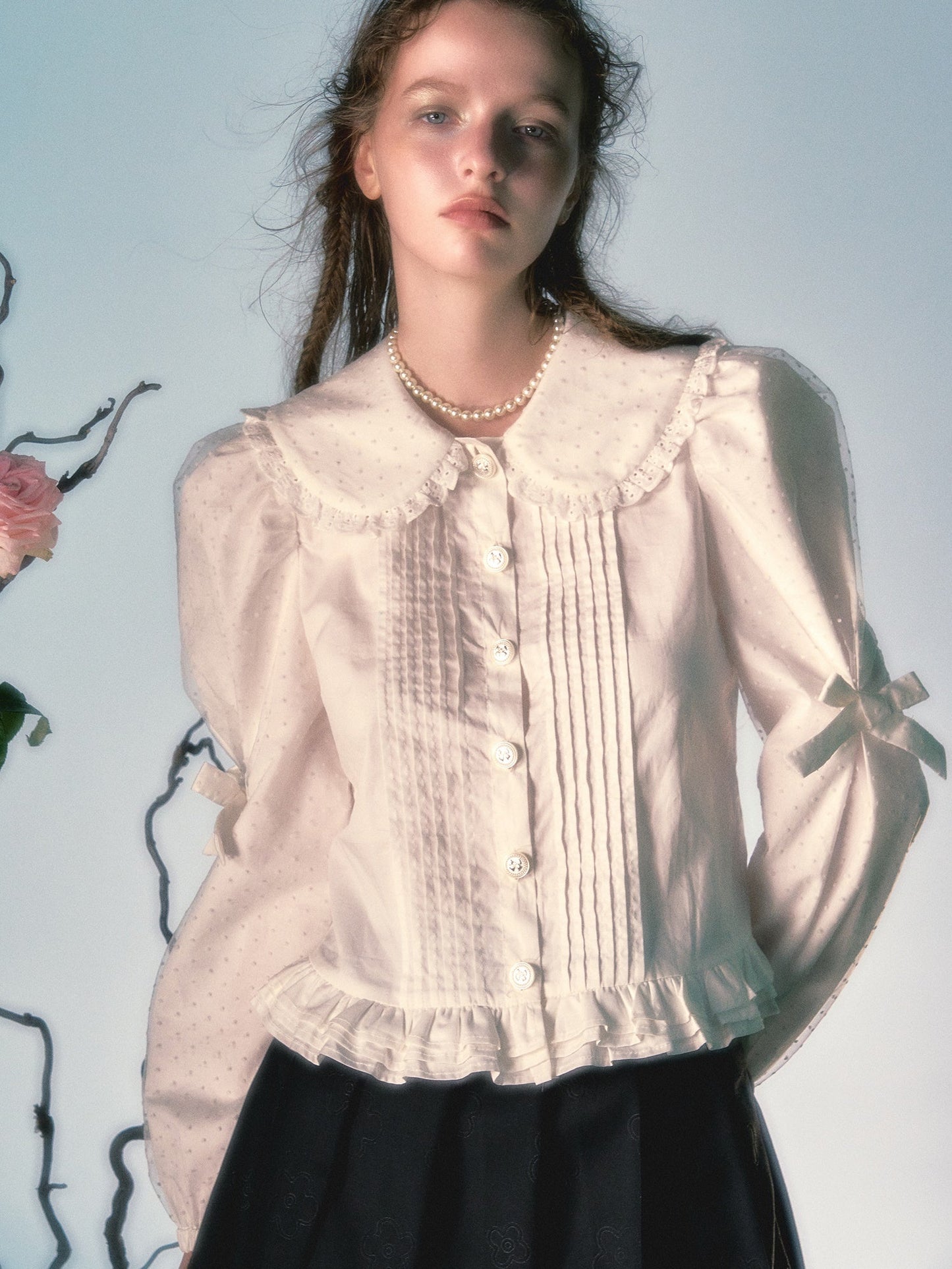 메쉬 패치워크 인형 칼라 퍼프 슬리브 셔츠 