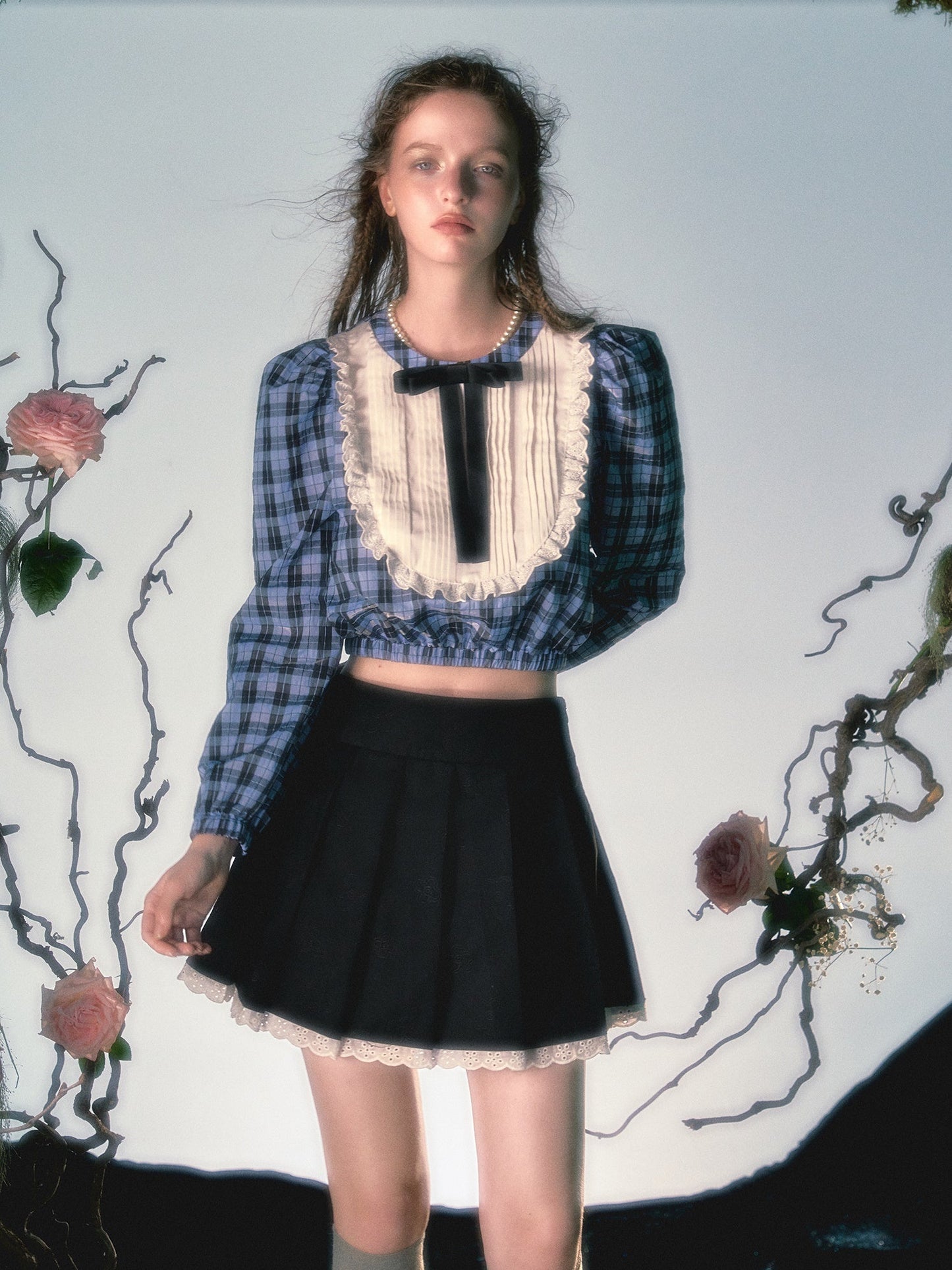 레이스 장식 플리츠 스커트 