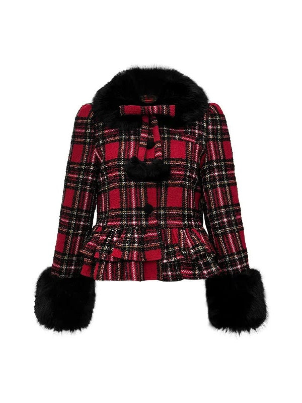 Plaid Detachable Fur Collar Fur Ball Short Coat & Mid-Length Skirt