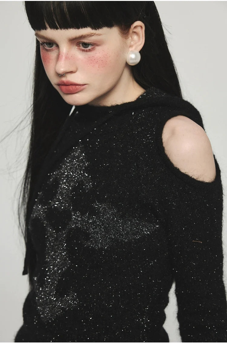 Mohair Off-Shoulder Knit Hoodie