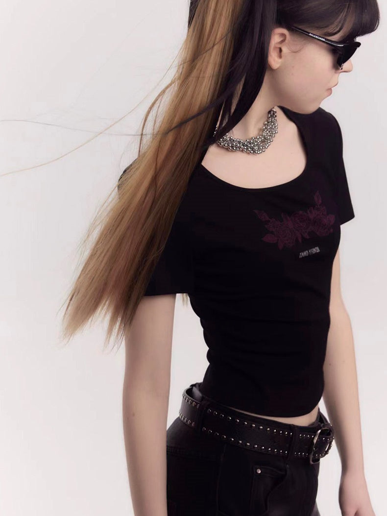 레이스 로즈 프린트 반팔 티셔츠 