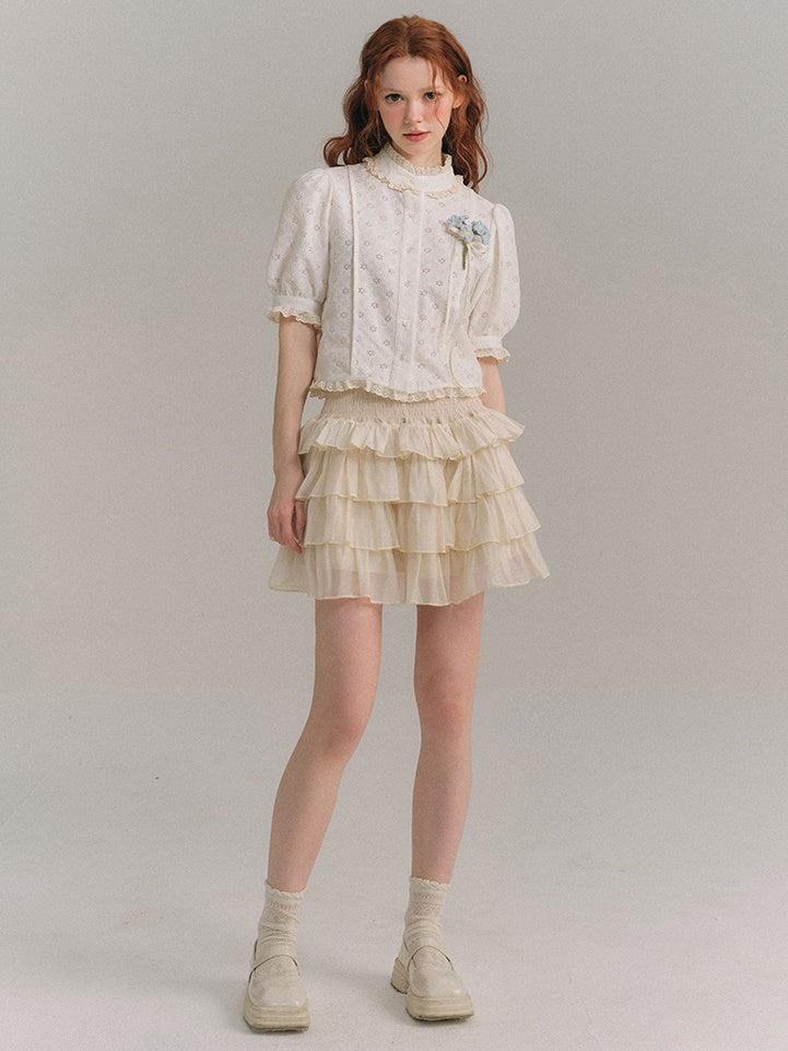 Shimmer Ruffle Collar Shirt & Cake Skirt