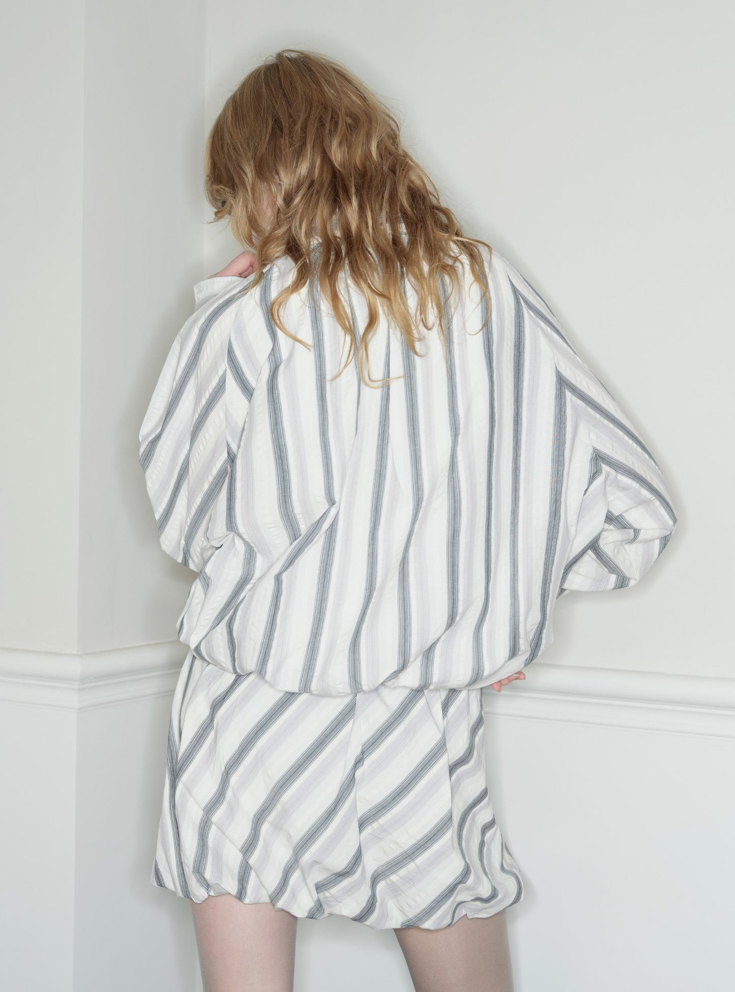 Long-sleeved Striped Shirt/A-line Skirt RUN0042