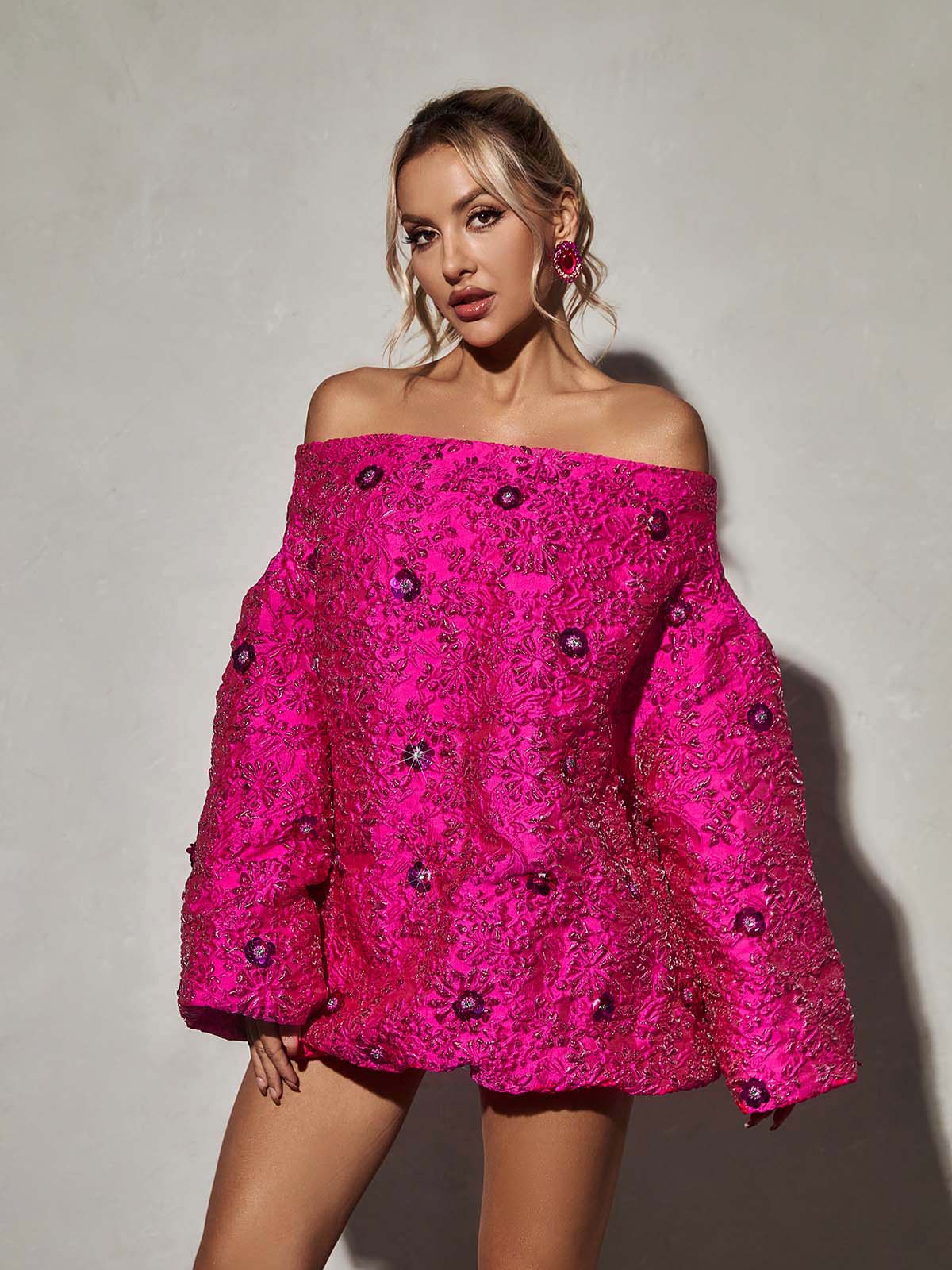 long sleeve jacquard mini dress Yellow Coast Metallic Jacquard Long Sleeve Mini Dress