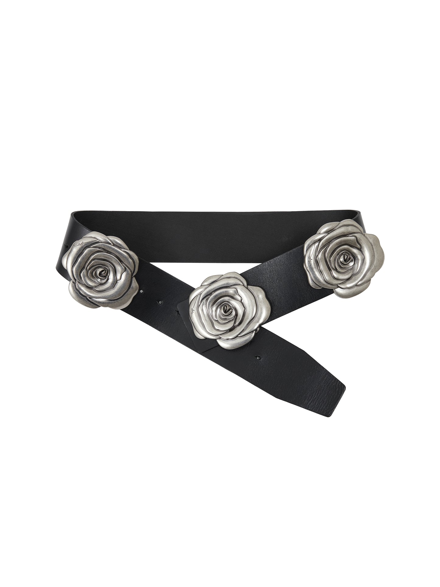 Vintage Distressed Leather Belt with Metal Rose Buckle