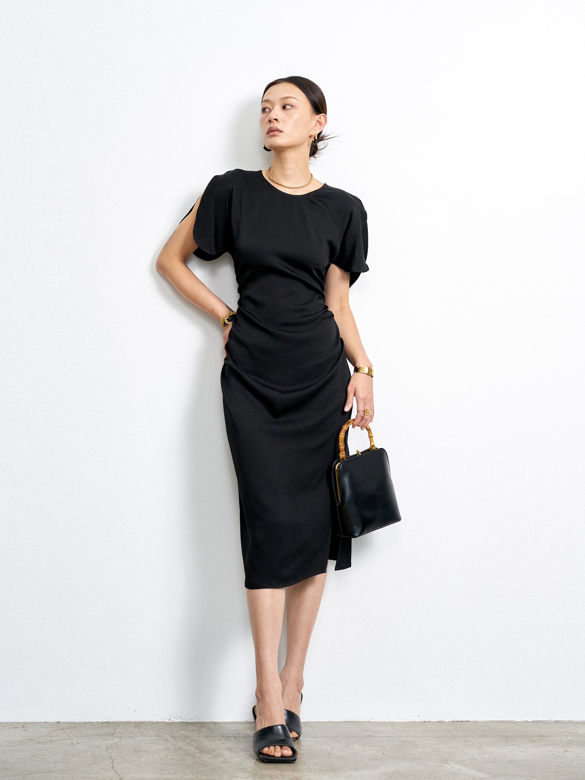 satin butterfly sleeve dress Sheath evening dress with butterfly sleeves and belt