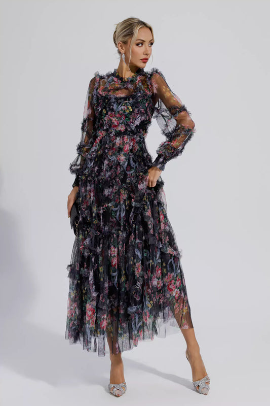 saige apricot floral long sleeve maxi dress Elenzga Chic Boho Apricot Floral Plus Size Maxi Dress Long Sleeve V Neck Flared A Line For Women