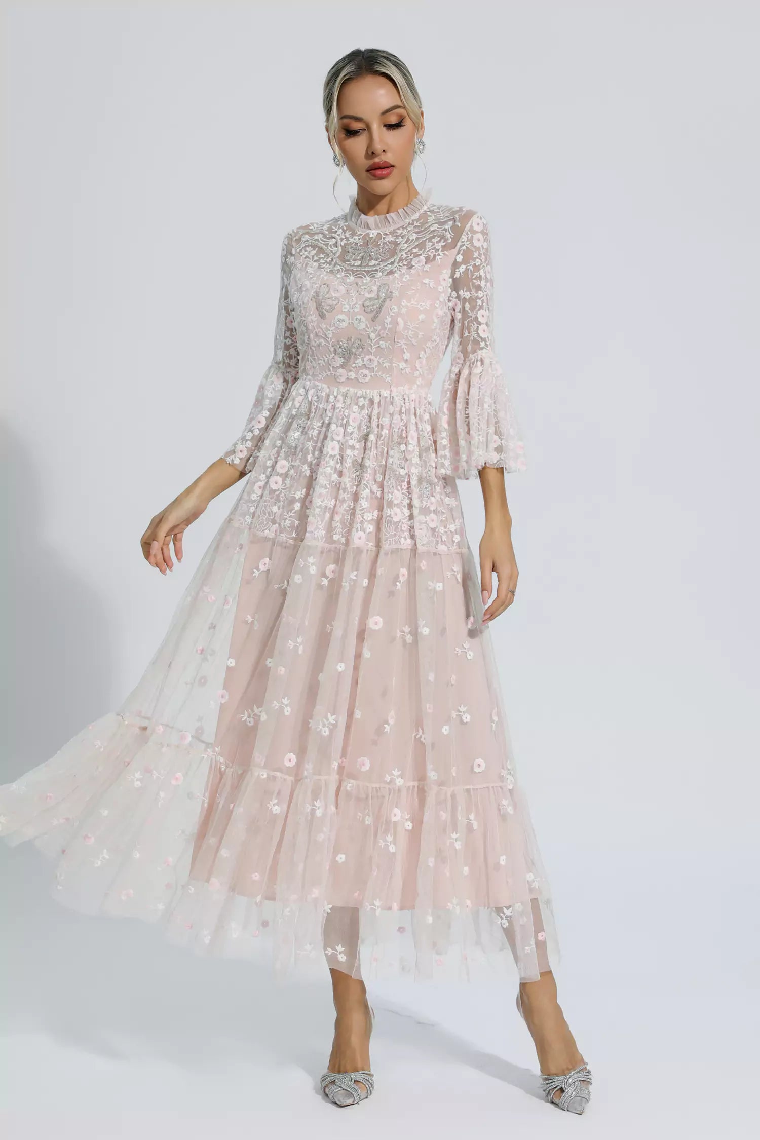 Sunny Pink Floral Embroidery Maxi Dress FancyAdd Sunny Pink Floral Embroidery Maxi Dress FancyAdd