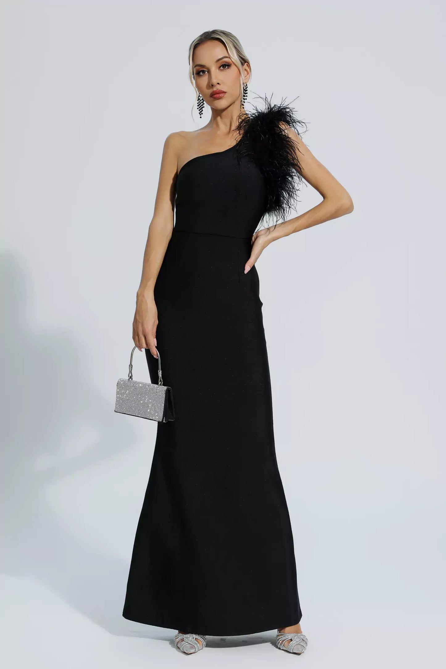 Tiana Black One Shoulder Feather Bandage Dress