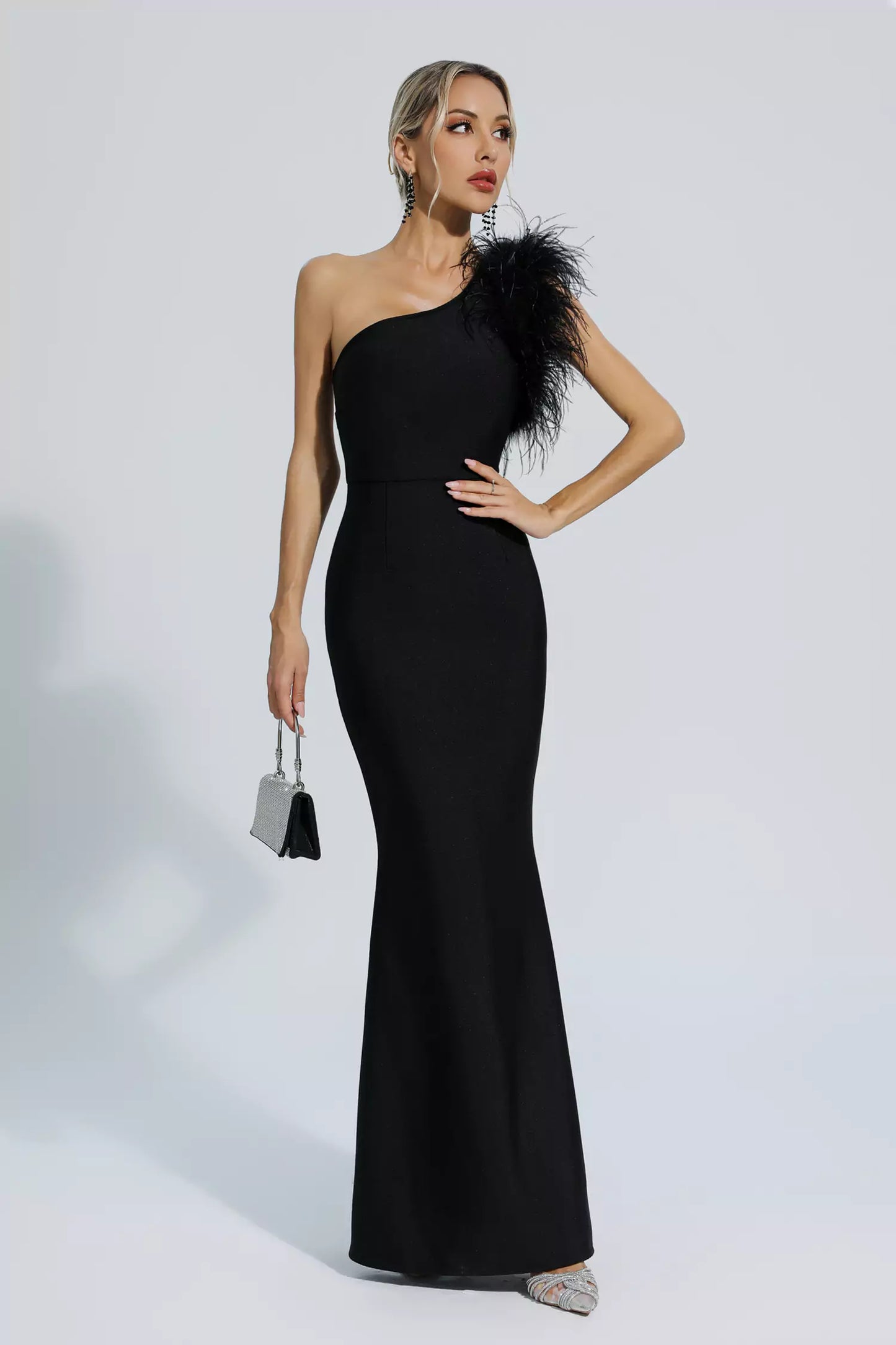 Tiana Black One Shoulder Feather Bandage Dress