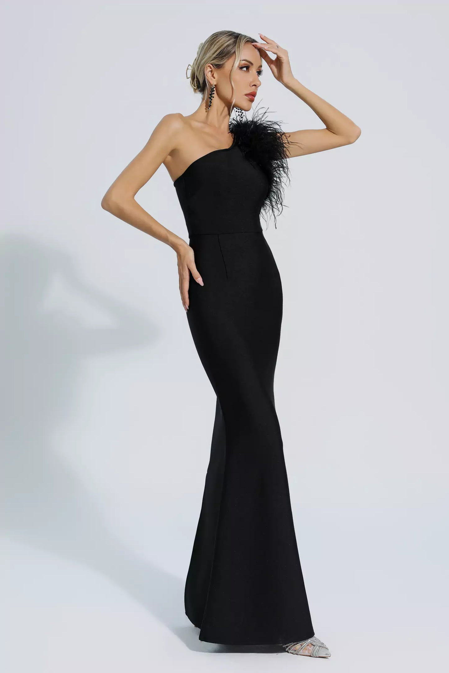 Tiana Black One Shoulder Feather Bandage Dress