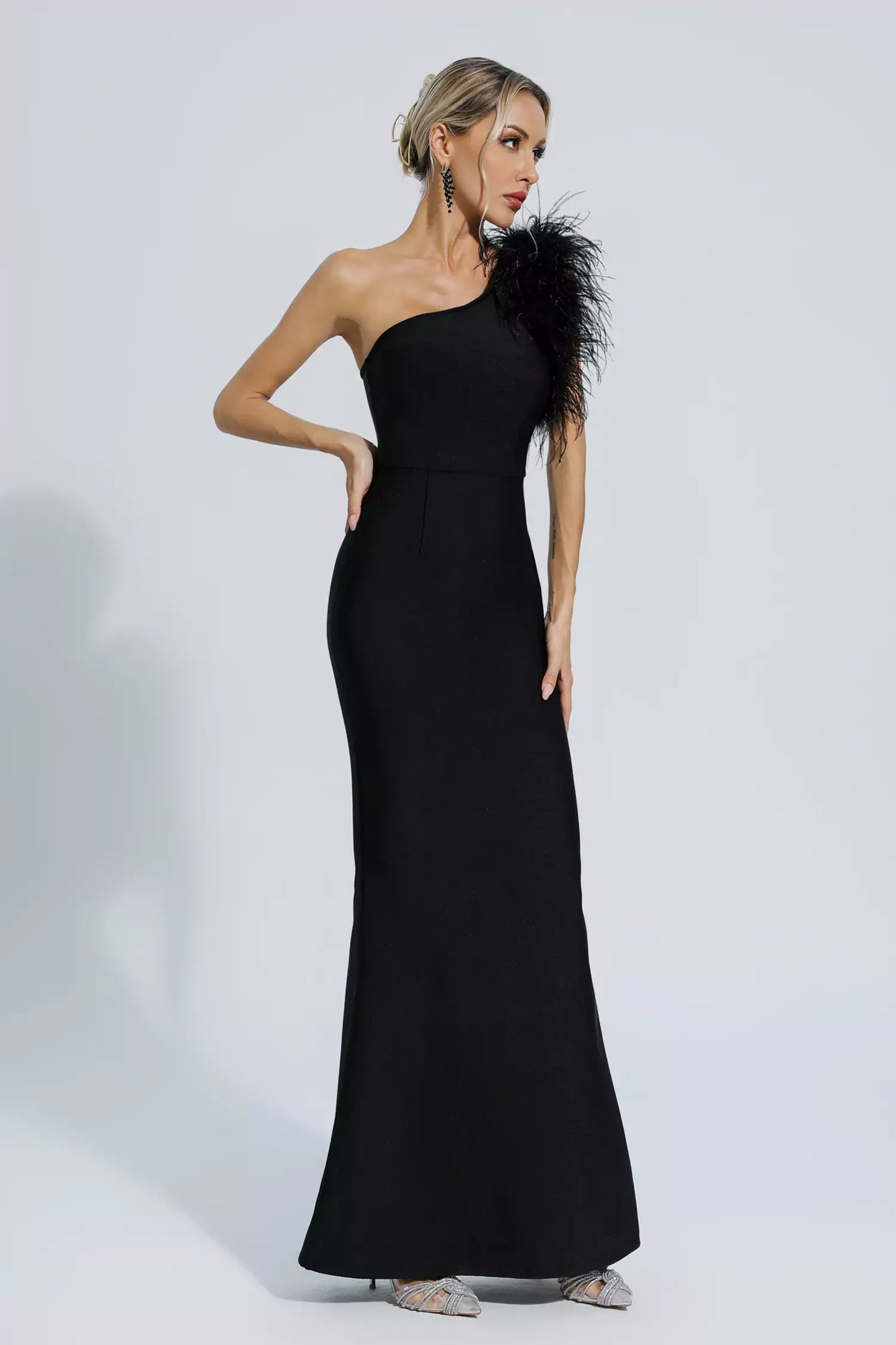 Tiana Black One Shoulder Feather Bandage Dress