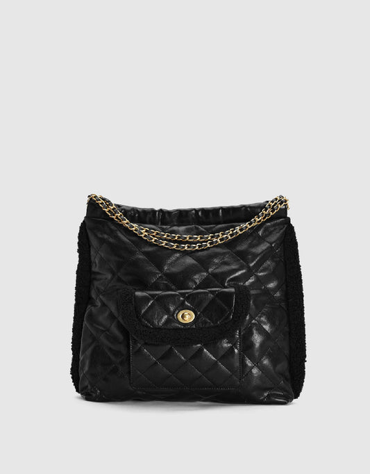 Furry Trim Vegan Leather Shoulder Bag