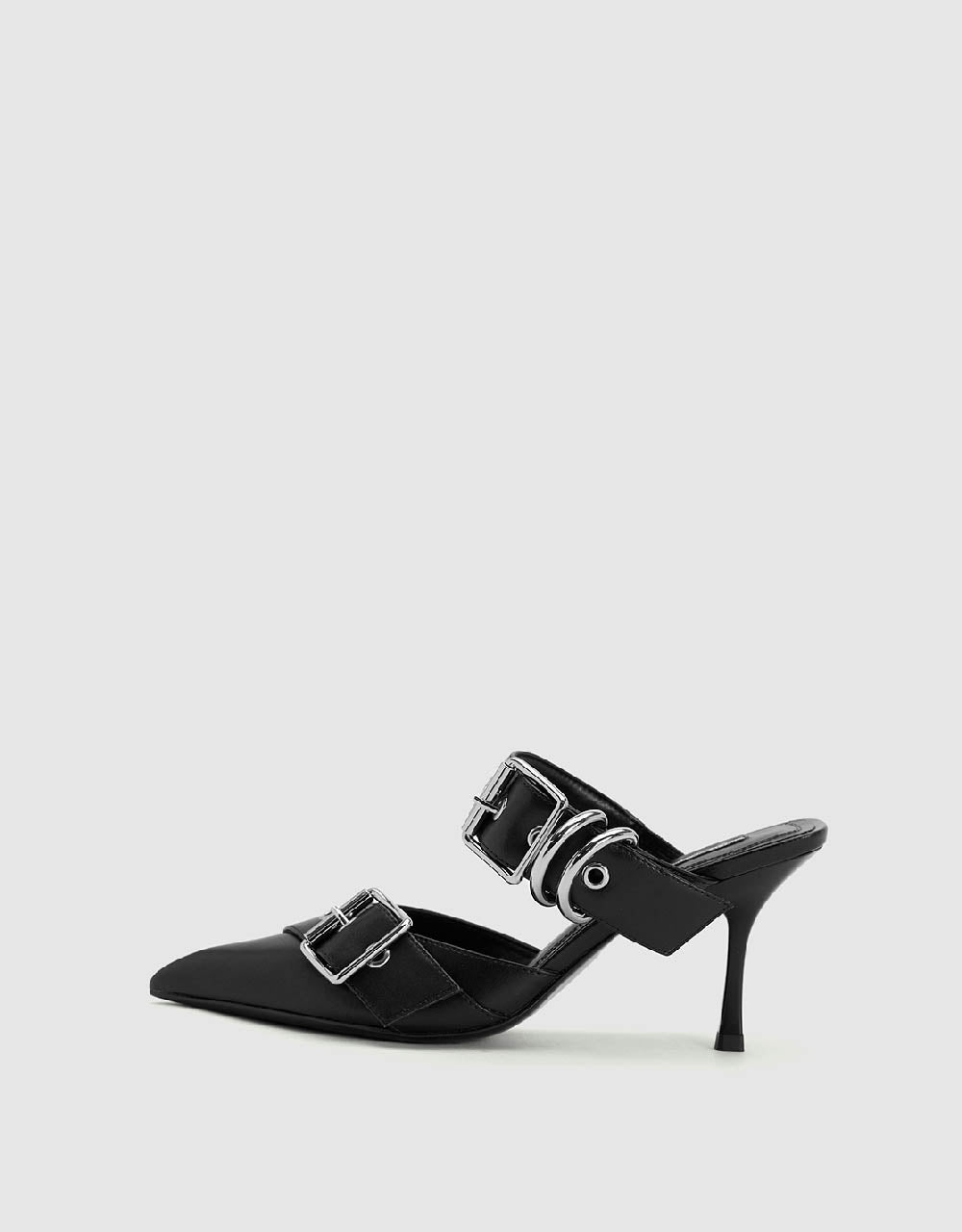 Double Buckles Pointed Toe Heeled Mules