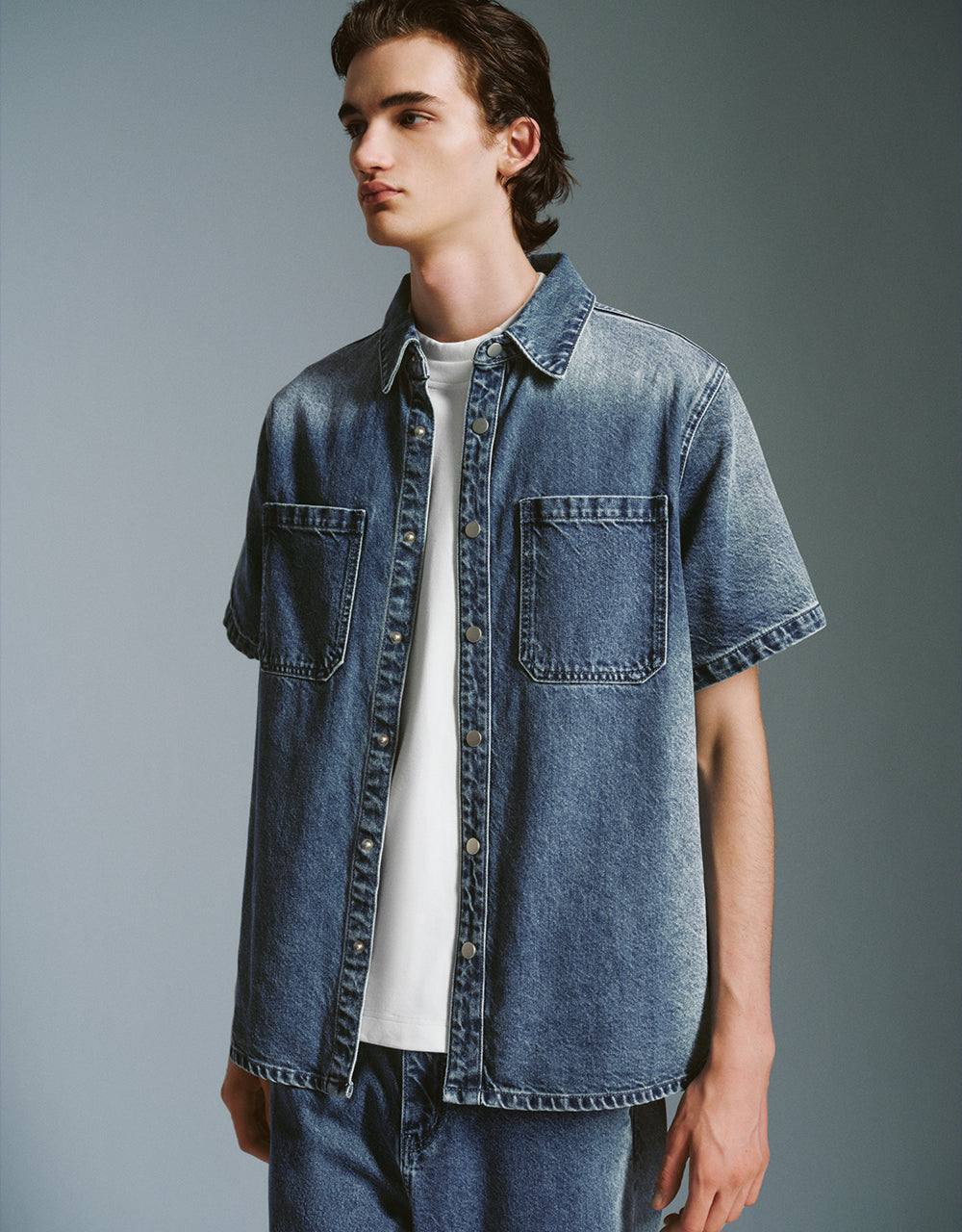 Press Button Straight Denim Shirt