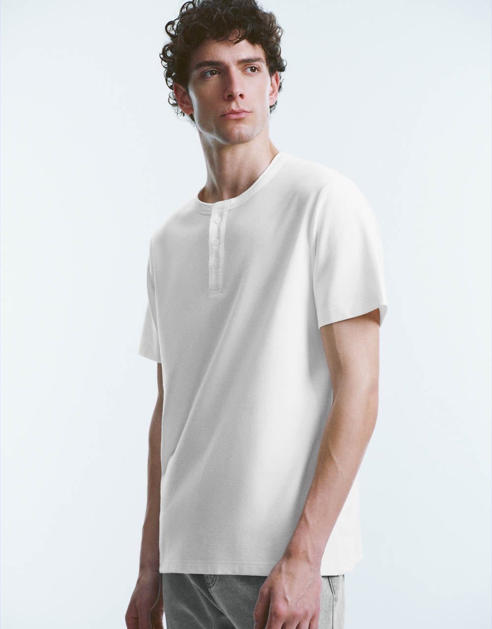 Button Half Placket Crew Neck Straight T-Shirt