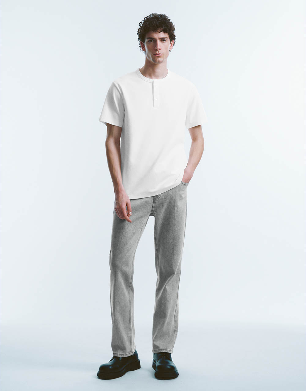 Button Half Placket Crew Neck Straight T-Shirt