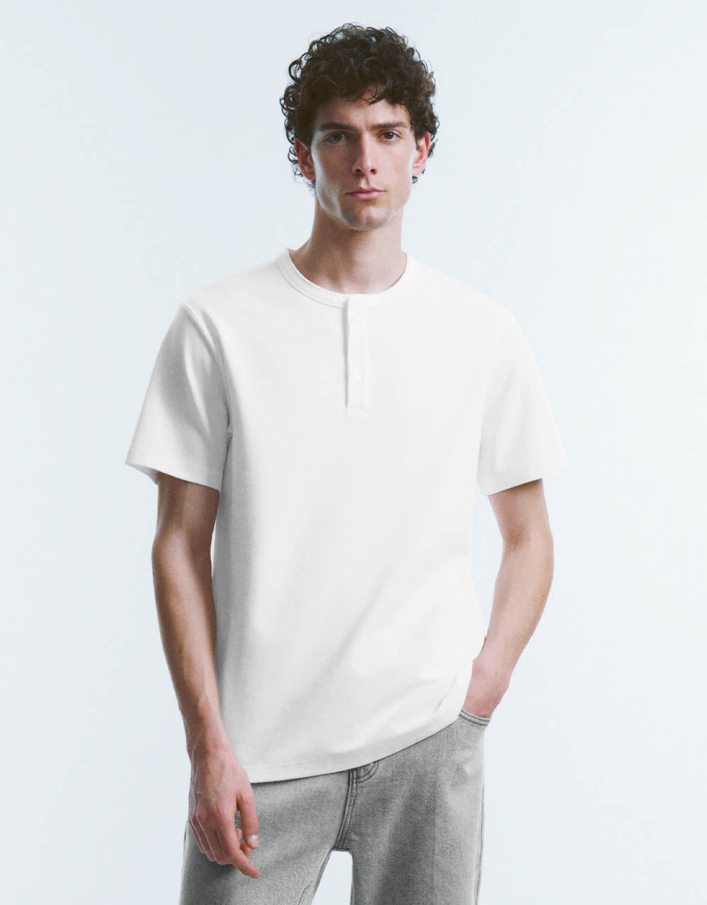 Button Half Placket Crew Neck Straight T-Shirt