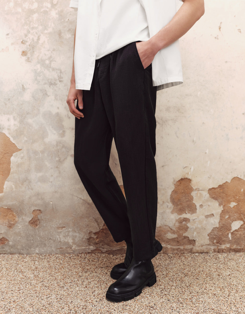 Drawstring Waist Textured Straight Pants