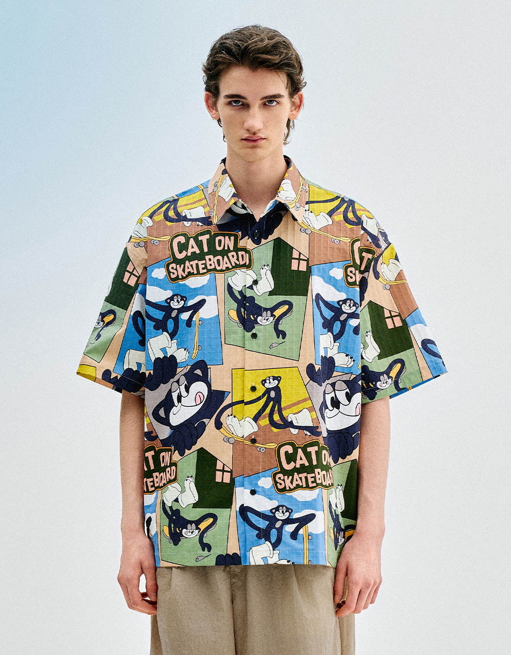 Button Up Cartoon Printed Loose Shirt