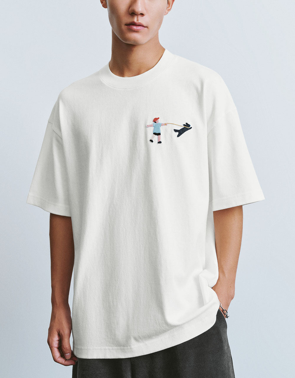 Cartoon Embossed Crew Neck Straight T-Shirt