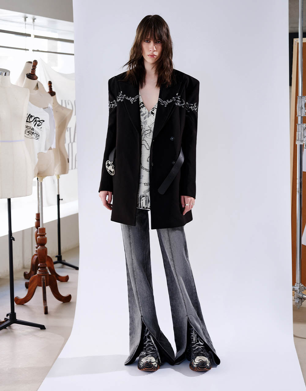 Letter Printed Tailored Blazer With Belt